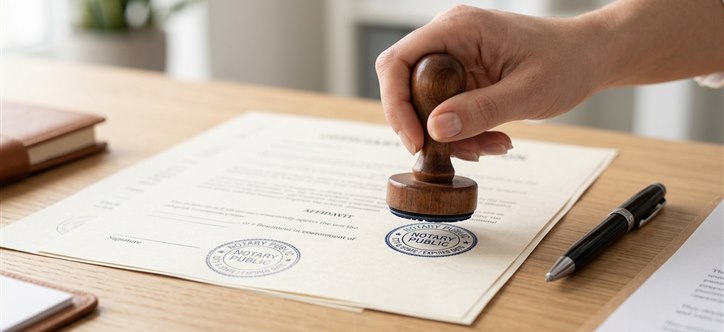 Notary public applying an official Notary Public seal to a signed document